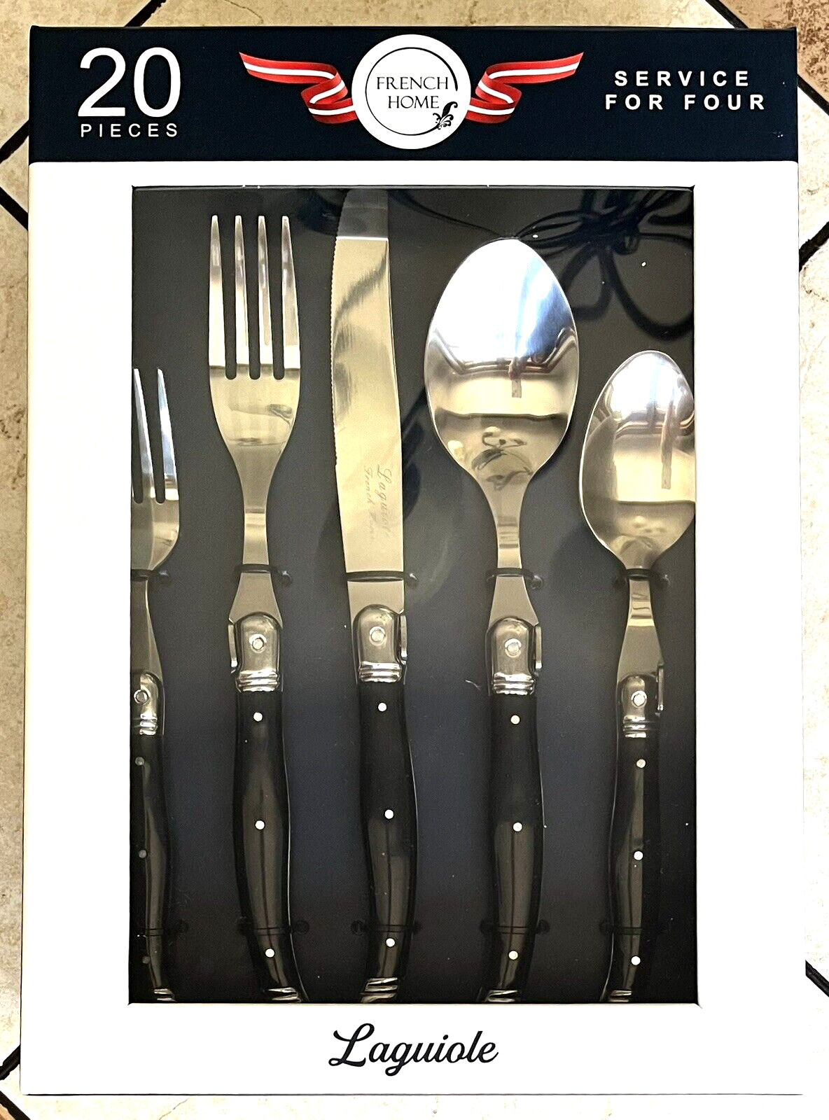 Laguiole 20 pc Stainless Steel Black Handle Flatware Set French Home Service 4