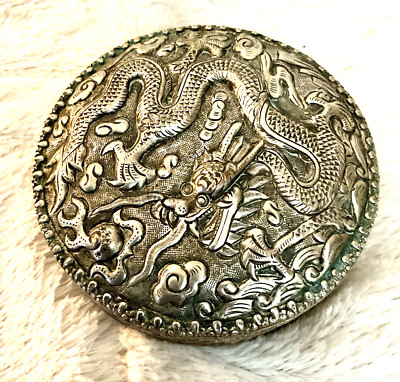 Vintage Silver Round Powder Trinket Dragon Box Asian With Mirror