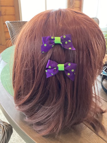 Small Purple And Green Polka Dot Hair Bow Set - Picture 2 of 3