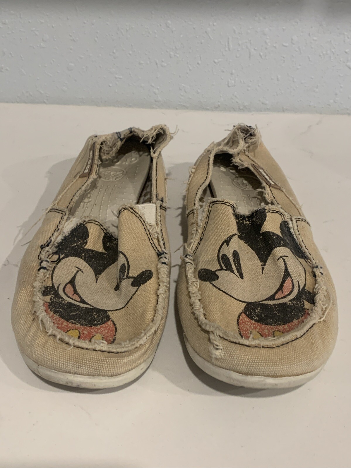 Disney Mickey Mouse Distressed Canvas Loafers for Women Size 10 Tan Beige Crocs-image