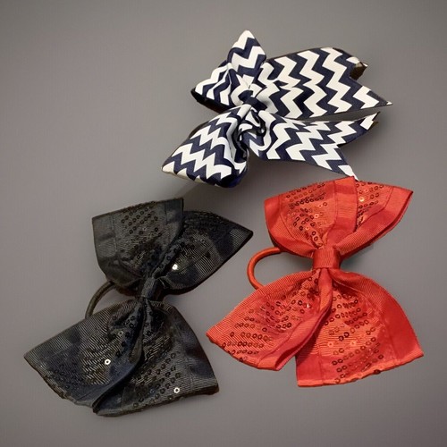 Lot Of 3 Girls Hair Bows, Red Sequin, Black Sequin, Navy & White Zigzag - Picture 2 of 2