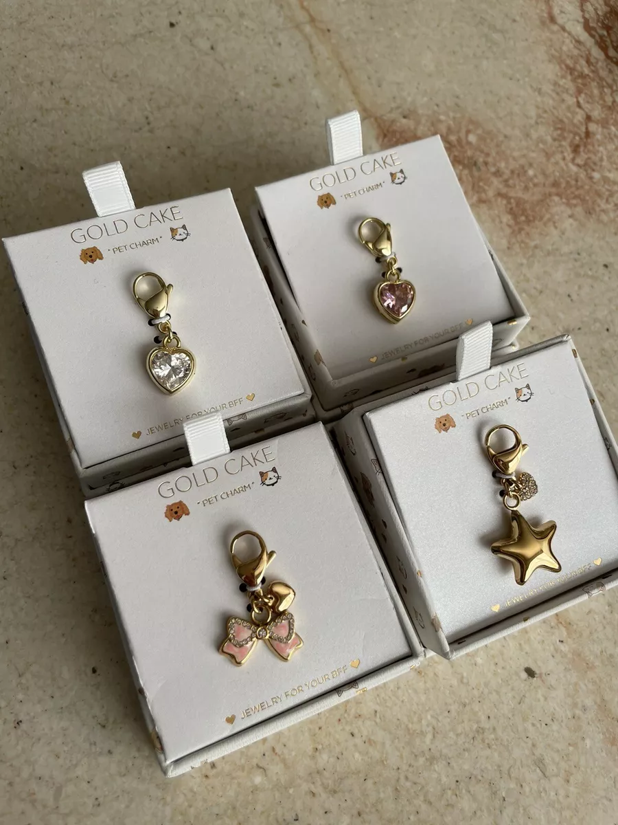 New Gold Cake Pet Charm Set Of 4 - Gold Tone - Pink /Clear Hearts, Ribbon,  Star