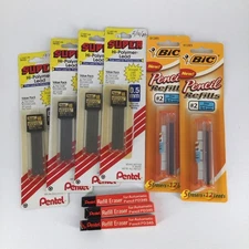 Pentel Super Hi-Polymer Mechanical Pencil Refill Lead 0.5mm HB & Eraser Lot