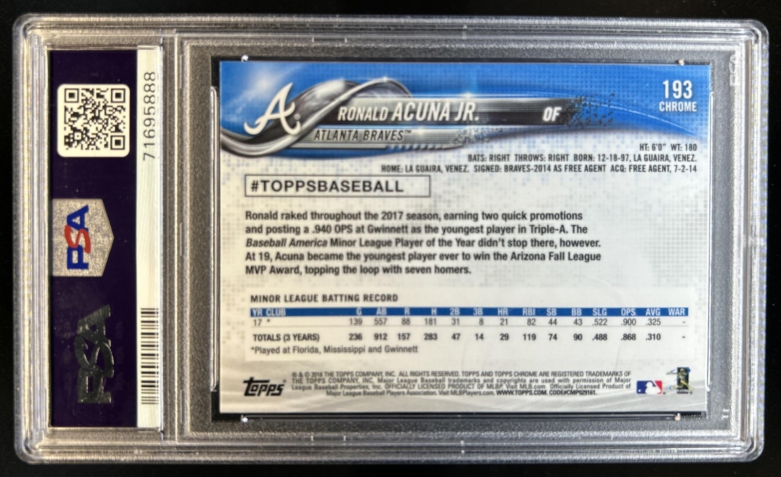 2018 Topps Chrome Ronald Acuna Jr. RC Rookie #193 Braves PSA 10 GEM MINT view 2