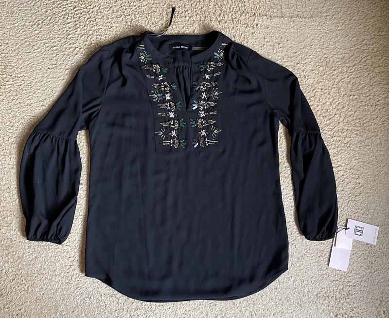 Ivanka Trump Womens Embellished Peasant Blouse Black Long Sleeve Size M