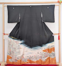 Authentic Japanese Kimono Silk Black Tomesode Festival Matsuri Embroidery Luxury