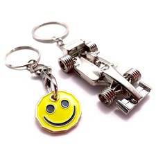 F1 Style Racing Car, Piston or Spanner Keyring & Happy Face Trolley Coin Set