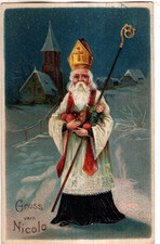 GERMAN ANTIQUE CHRISTMAS Postcard OLD WORLD SANTA CLAUS, TOYS, CHURCH