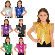 US Kids Sequin Tassel Vest Shiny Fringe Cap Sleeve Zipper Jacket Disco Dance Top