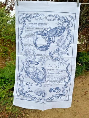 Lorna Wiles hand printed Cornish seafood ( lobster/ crab) blue/ white tea towel - Image 1 of 4