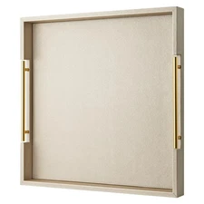 Champagne Faux Leather Serving Tray with Handles,20x20inches, Large Decorativ...