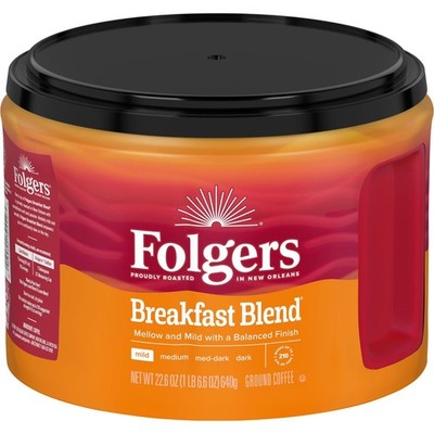 Folgers Breakfast Blend Ground Coffee Mild Roast 22.6 oz Canister