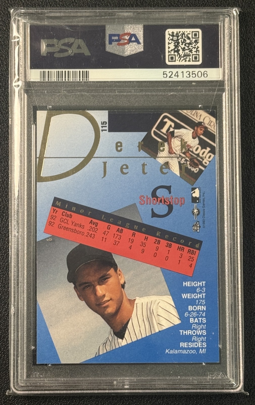 DEREK JETER PSA DNA AUTHENTIC AUTO 1993 CLASSIC BEST GOLD #115 ROOKIE AUTOGRAPH view 2