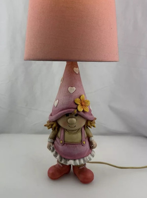 Rare Unique Gnome Pink With White Hearts Resin Table Lamp