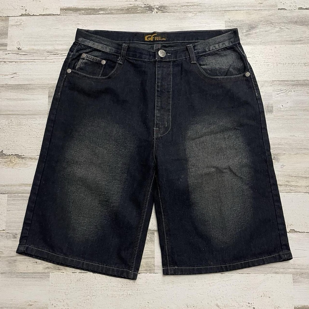 Y2K Gut Feeling Baggy Skater Multicolor Dark Blue Denim Shorts Jorts Size 36 View 5