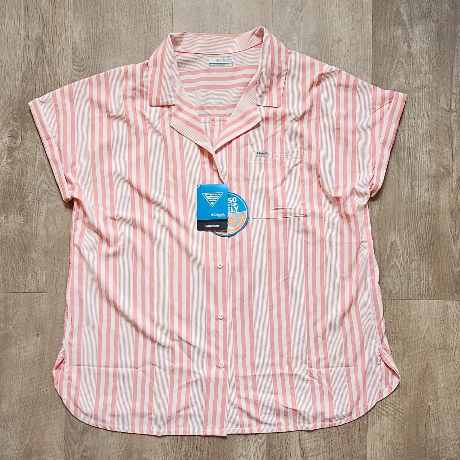 Columbia PFG Sun Drifter Woven S XXL Pink White Striped Fishing Shirt UPF 50
