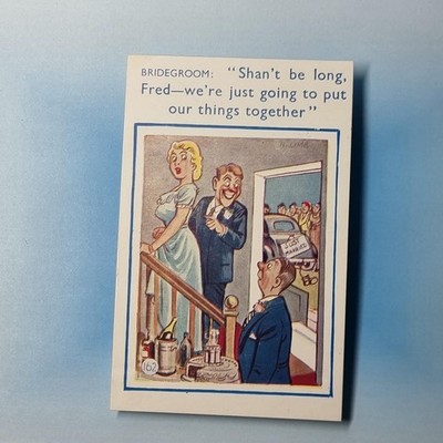 Freche Comic Postkarte um 1960 Just Married Bräutigam Dinge zusammen Zensur bestanden
