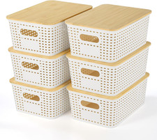 Plastic Storage Baskets with Bamboo Lid Stackable Storage Bins 6 Pack