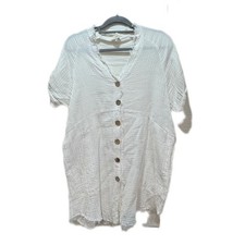 Cotton Gauze Boho Beach Dress White Button Front Raw Hem Pockets S/M