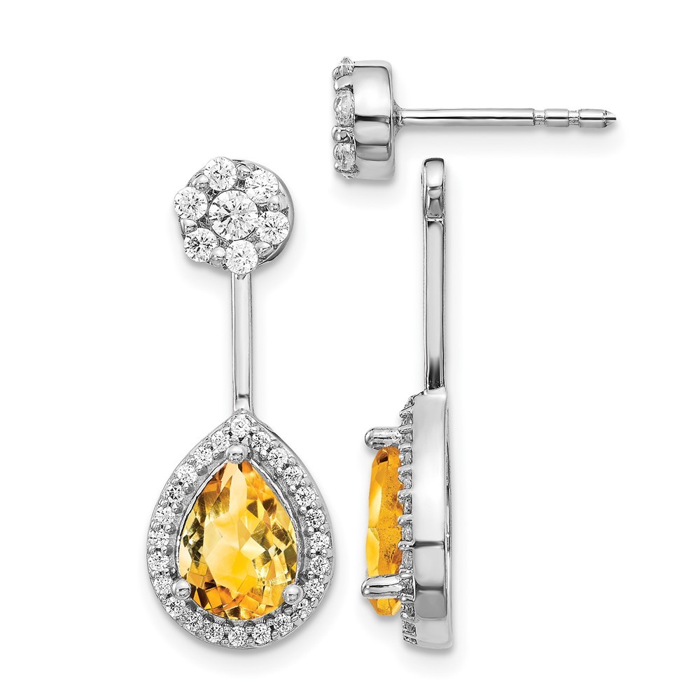 14k White Gold Diamond/Pear Citrine Front/Back Drop & Dangle Earrings 2.99gm