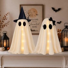 2 Pack 24 Inch Halloween Ghost Decorations, Light Up Ghosts with Witch Hats, ...