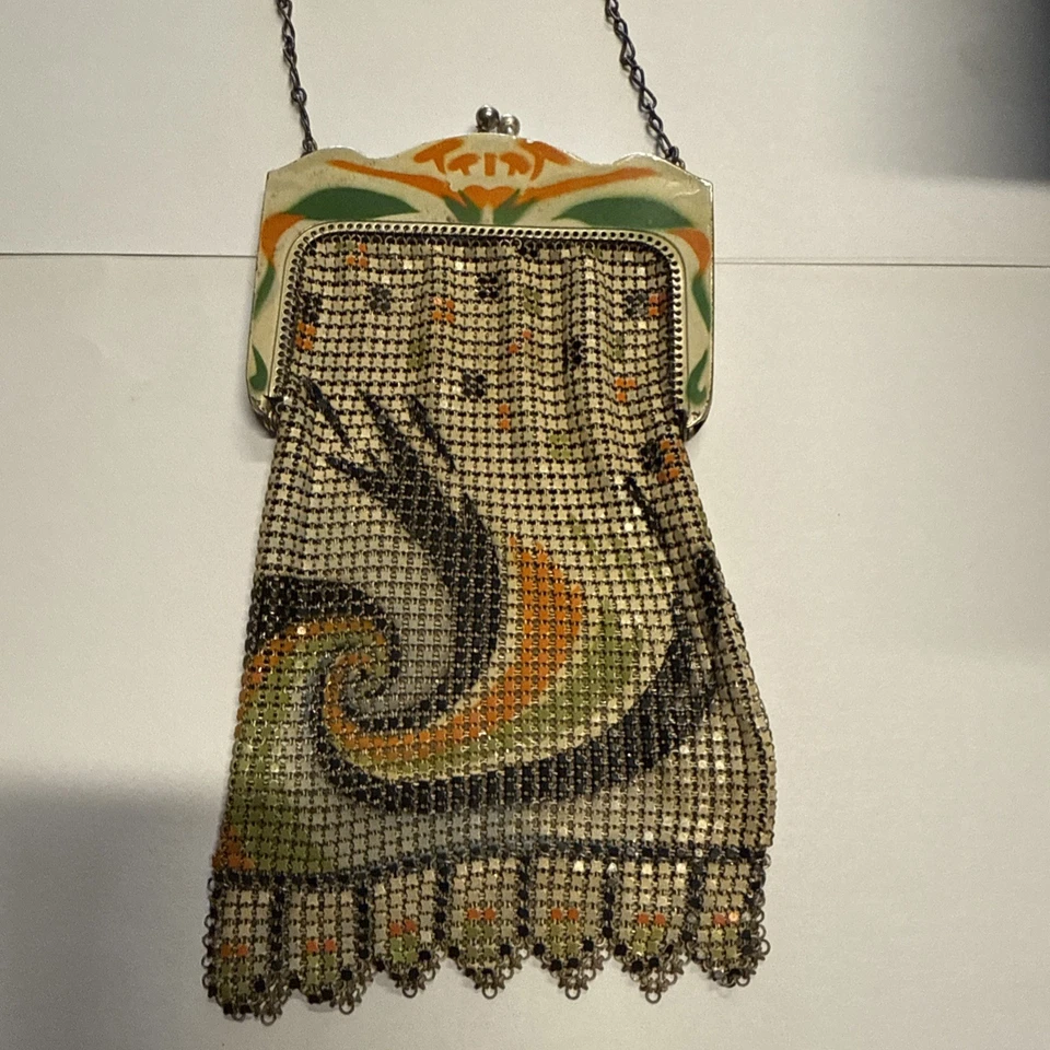Bolsa de malha esmaltada vintage 1920 - 1930 Whiting & Davis design art déco - Imagem 2 de 4