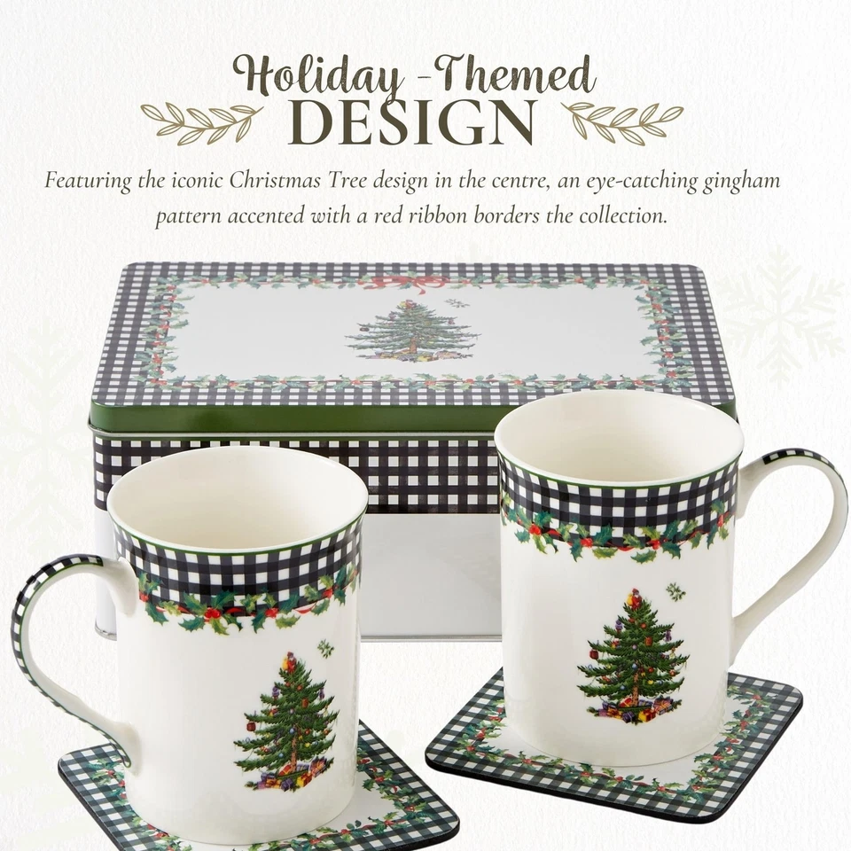Christmas Tree 5-Piece Mug & Tin Set – Fine China Mugs & Cork Coasters, Holid... - Image 3 of 4