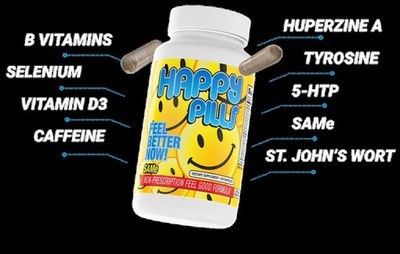 Happy Pills 60caps St John's Worth, SAMe D3 B12 Caffeine Brain Pharma Exp 01/25