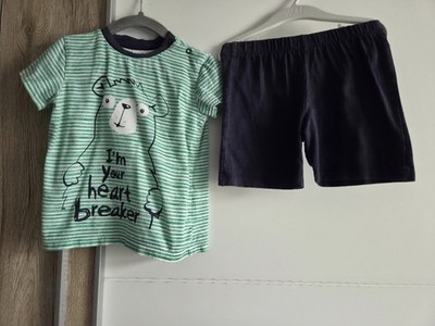 Kurzer Schlafanzug Grün Blau Junge Gr. 86/92 Topomini Baumwolle guter Zustand