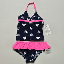 OshKosh B'Gosh Tankini Swimsuit Toddler Girl's 18M 2-Piece Navy White Hearts New
