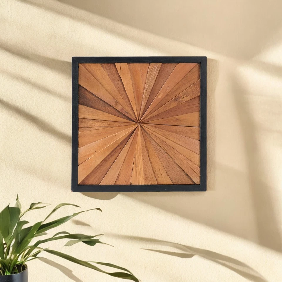 Rustic Teak Wood Wall Art – 17"x17" Geometric Starburst Panel, Handcrafted Decor - Image 3 of 4