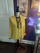 Mustard Gold Black Lace Edwardian Blouse Black Satin Tie Goth Core M 38  24  