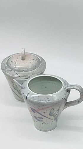 Studio Art Pottery Creamer & Lidded Sugar~80’s COLORFUL GEOMETRIC SHAPES~Signed - Picture 18 of 18
