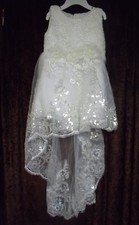 NEW WHITE FLOWER GIRL DRESS LACE SEQUINS W/ TRAIN HIGH LOW SIZE 2T