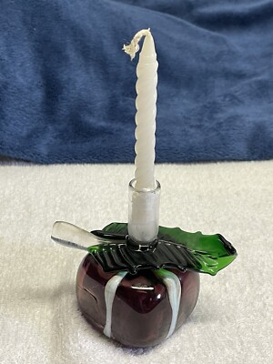 Candle Holder Eclectic and Unique w/ Large Green Leaf & Cranberry & White Base