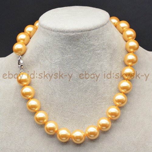 16mm Golden Yellow Shell Pearl Imitation Pearl Round Beads Necklace Bracelet Set - Picture 5 of 11