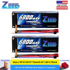2x Zeee 2S LCG Lipo Battery 6800mAh 7.6V 130C 5mm Bullet T Plug for RC Car Truck