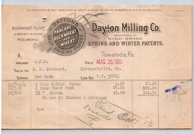 1913 Dayton Milling Co Invoice Towanda Pennsylvania Dayton's Self Raising Flour