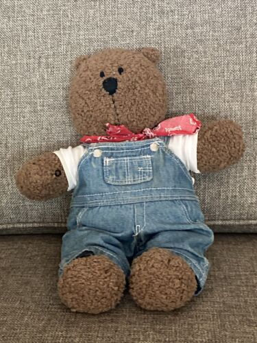 VINTAGE Baby Gap Brannan Teddy Bear Brown Plush 13” Denim Overalls Bandana - Picture 1 of 4