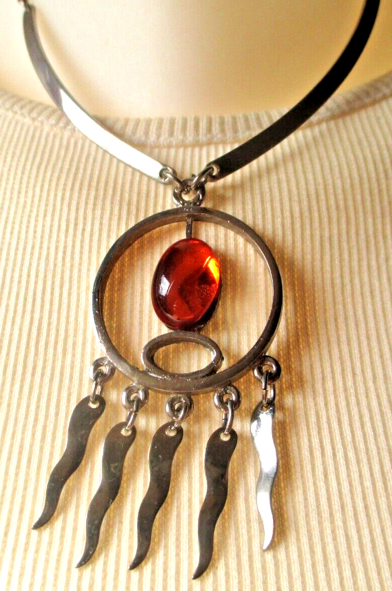 Collier Vintage Perles Et Pierres Naturelles Orange - Bijou Fantaisie Femme En Parfait état D'occasion