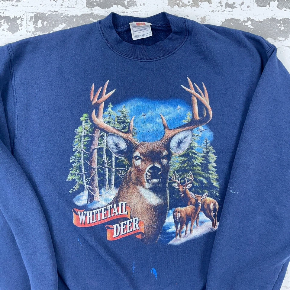 Sudadera Vintage Naturaleza Hombres XL Cuello Redondo Suéter Años 90 Y2K Ciervos Caza Desteñida Foto 2 de 4