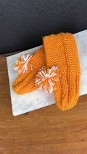 Vintage Thick HandKnitted SLIPPERS-Orange Variegated with Pom accents