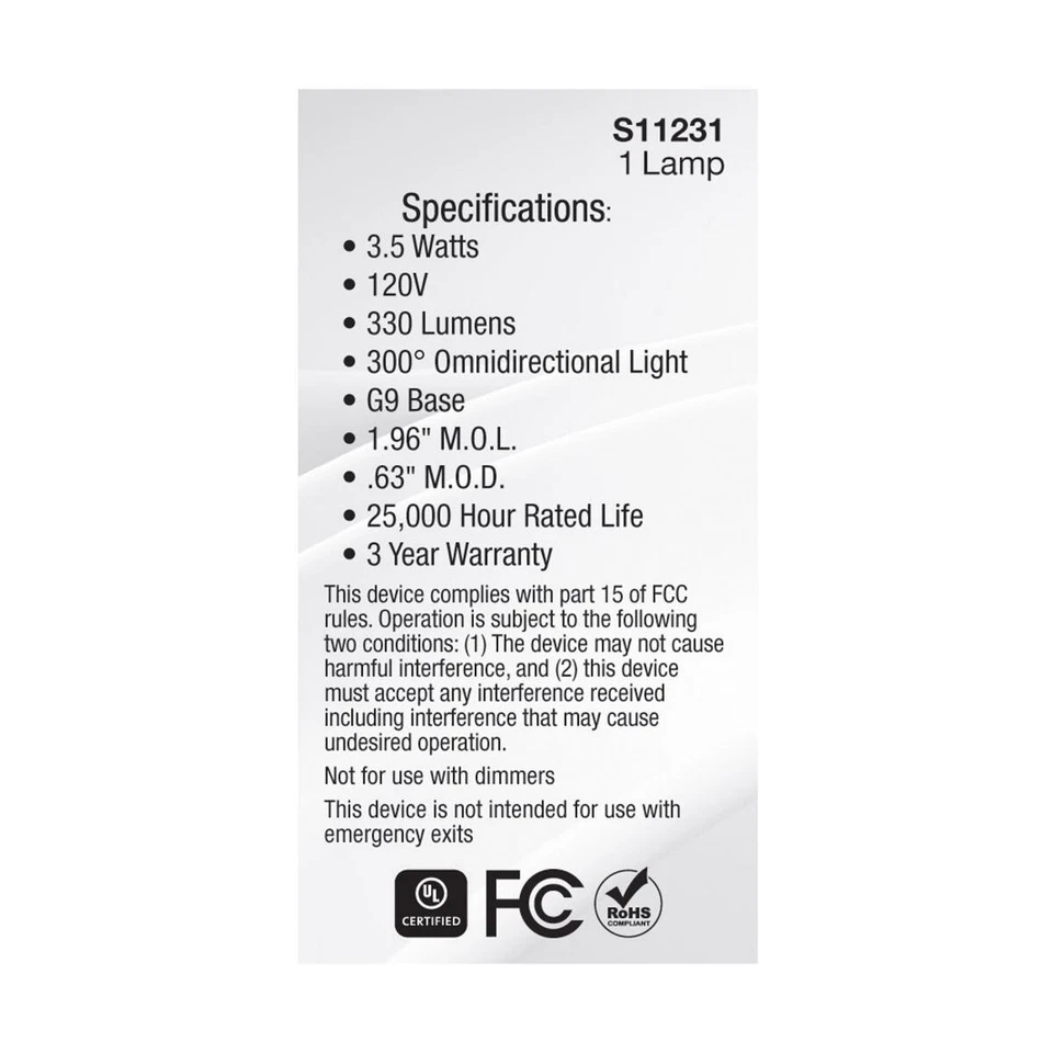 Satco S11231 - 3.5 Watt JCD LED Bulbs - G9 Base - 4000K ( 2, 5, 10 or 20 Pack) - Image 3 of 4