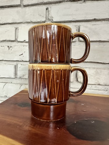 Vintage MCM Stackable Coffee Cups Mugs Brown Set Of 2 Japan Geometric - Picture 5 of 9