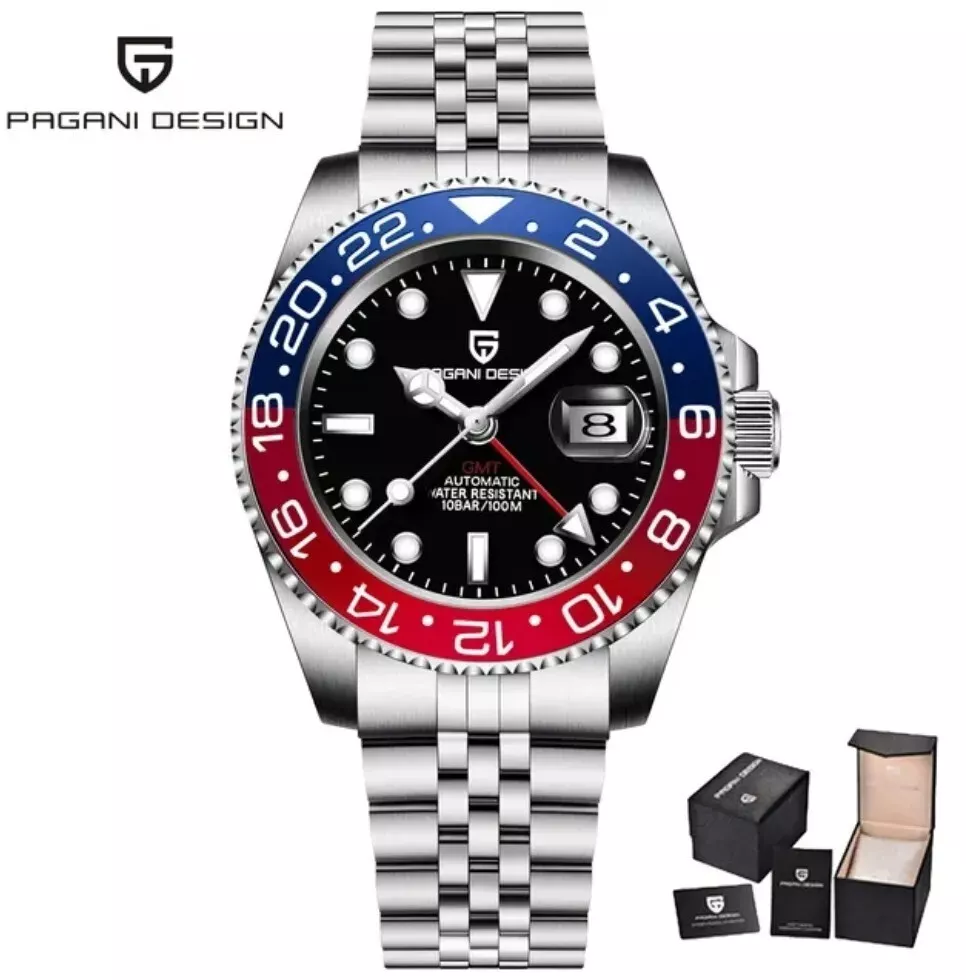 Pagani Design GMT Automatic Watch Jubilee Bracelet Pepsi Red Blue Bezel NH34