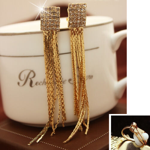 PENDIENTES DE MODA DE ORO LÍQUIDO DE 8 cm 3" de largo CLIP DE CRISTAL estrás cuadrado - Imagen 2 de 5