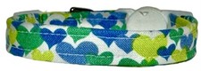 Green Blue Hearts On White Handmade Safety Cat Collar - ADULT