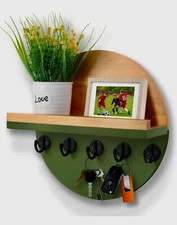 Mail Holder Key Hanger W/Shelf  11"x11" Green & Natural Wood Circular Wall Deco