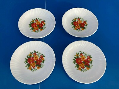 Lot De 6 Assiettes Creuses Arcopal Vintage, France, 21,5 Cm, Motif Fleurs Oranges