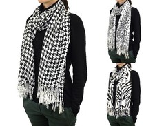 72" Black  White Animal Print Cashmere Long Scarf Leopard Zebra Houndstooth